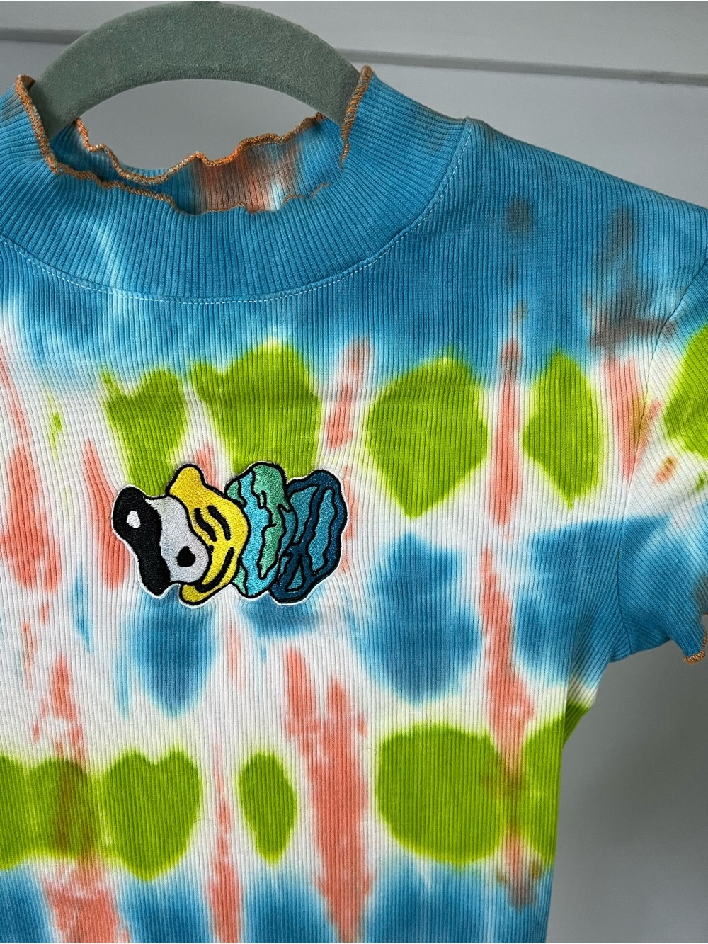 Hippie Boho Tie-Dye Ribbed Mock Neck Embroidered Crop Top Size XS Indie Festival